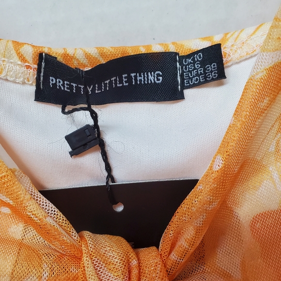 Pretty Little Things Orange Yellow Sexy Butterfly Dress Tie Front Ruched Mesh - Picture 3 of 8